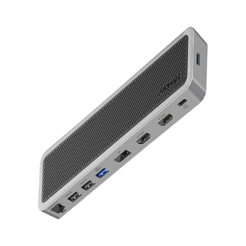 PROMATE 12-in-1 Multi-Port Hub. Includes 4x USB-A & 1x USB-C PD Port, 2x HDMI Ports, 1x RJ45 Gig Port, 1x Display Port, SD/TF Card Slots, 1x Aux Port. Silver/Black Colour. - Office Connect 2018