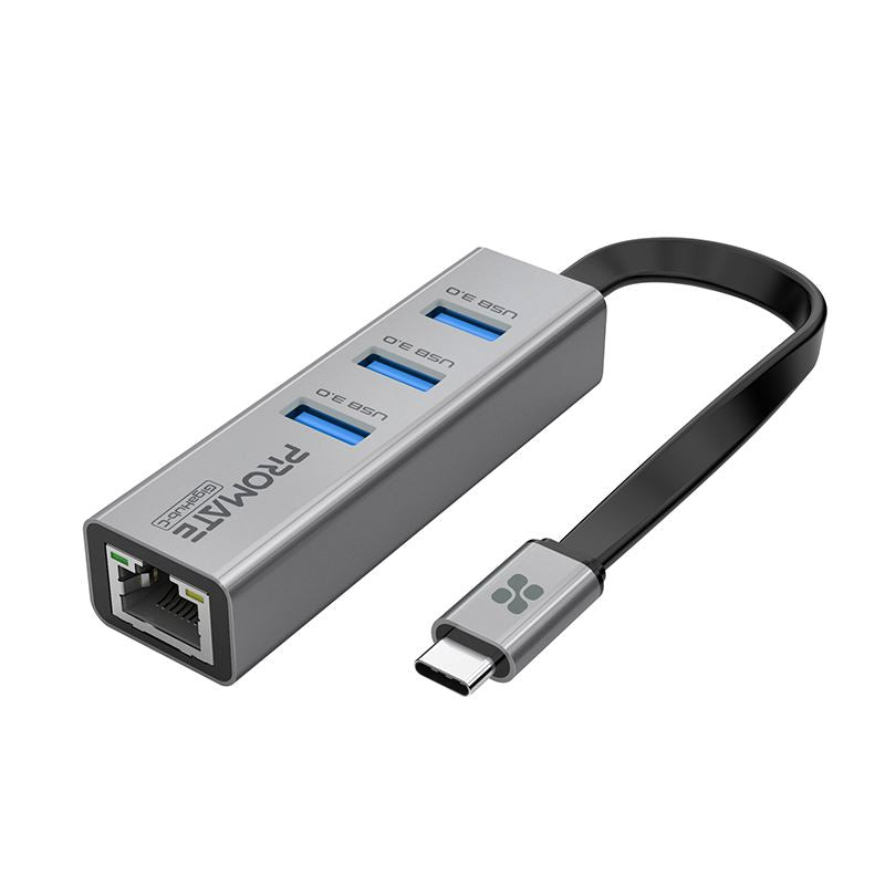 PROMATE Multi-Port Hub with Ethernet Port & USB-C Connector. 3x USB-A 3.0 Ports, 1000Mbps Ethernet, 5Gbps Transfer Speed. Plug & Play. Supports Both Mac & PC. Grey Colour. - Office Connect 2018