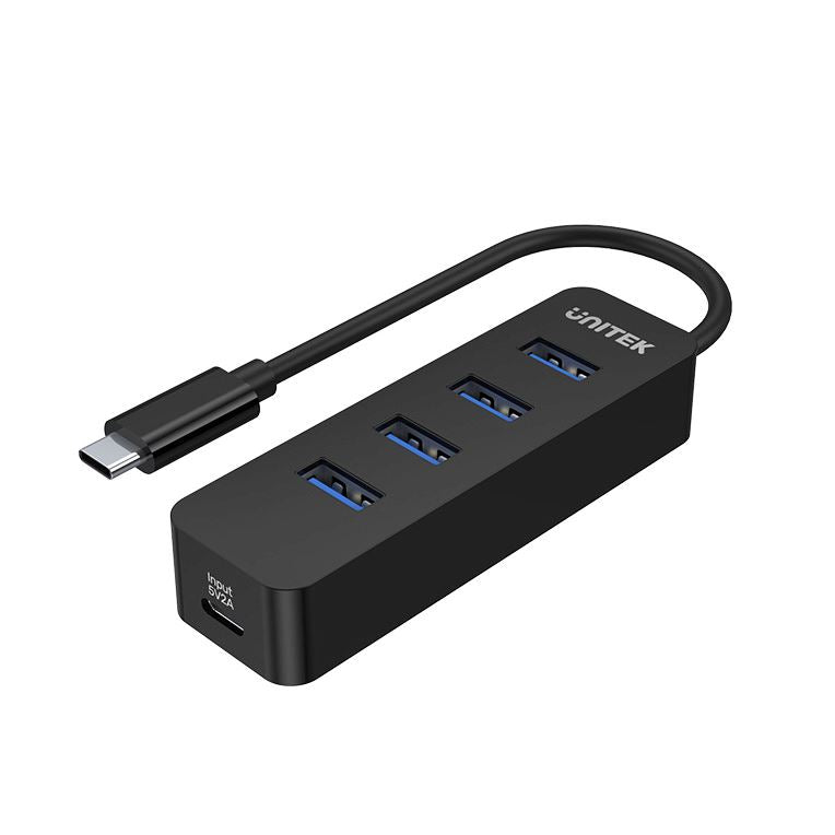 UNITEK USB 3.0 4-Port Hub with USB-C Connector Cable. Includes 4x USB-A Ports, 1x USB-C Power Port 5V 2A. Data Transfer Rate up to 5Gbps. Plug & Play. Black Colour. - Office Connect 2018