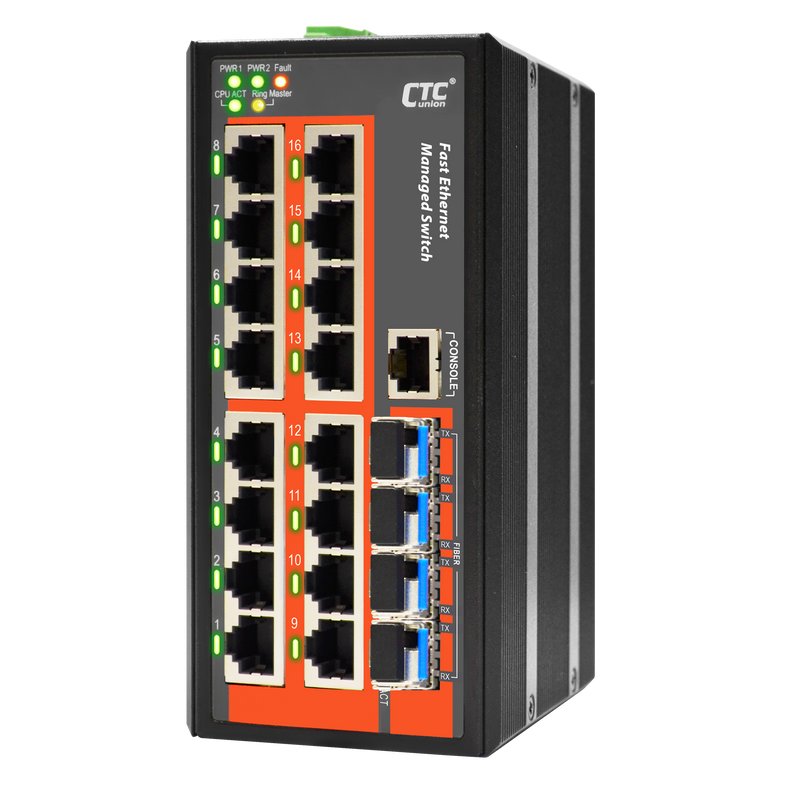 CTC UNION 16 Port Fast Ethernet Managed Switch.-10~60C. 16x 10/100Base-T(X), + 4x 100/1000 Base-X SFP (Total 20x ports). Power consumption V DC/W:12/10.8,24/10.6, & 48/12.5. Dinmount kit incl. - Office Connect 2018