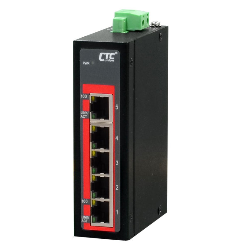 CTC UNION 5 Port Fast Ethernet Unmanaged Switch.  -40C~+75C. 5x 10/100BaseT(X). Compact size. Power consumption V DC/W: 12/0.9, 24/1.2 & 48/2. Dinmount kit included.