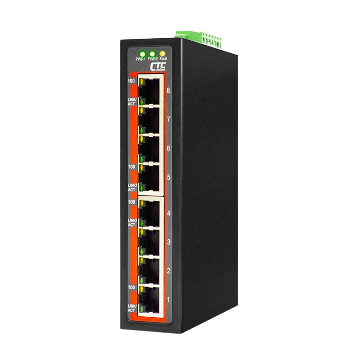 CTC UNION 8 Port Fast Ethernet Unmanaged Switch. -40C~+75C. 8x 10/100BaseT(X).  Power consumption 12/24/48V DC/3.9W. Din-kit incl.