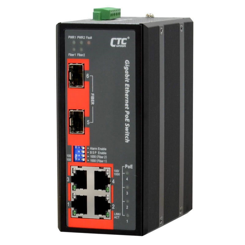 CTC UNION 4 Port Gigabit Unmanaged PoE Switch. -40C ~+75C. 4x 10/100/1000Base-T(X), plus 2x100 /1000Base-X SFP. PoE+ power budget 120W. Power consumption V DC/W: 24/143.3, 48/138.2. Din-kit incl.