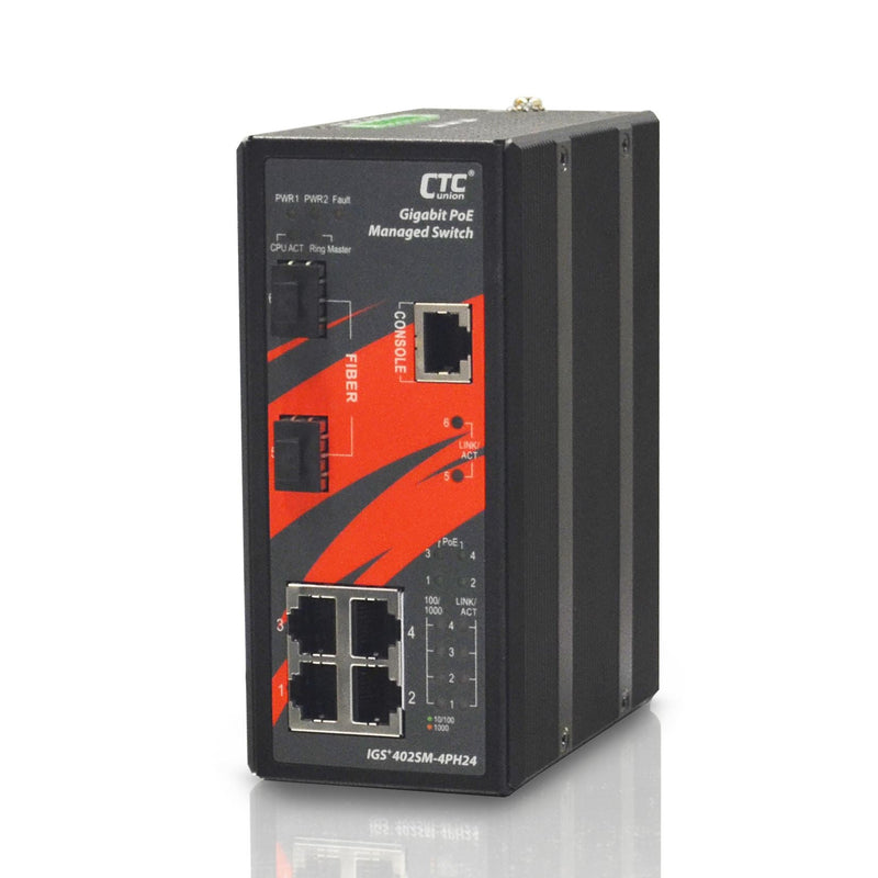 CTC UNION 4 Port Gigabit Managed PoE Switch. -10C ~60C. 4x 10/100/1000Base-T(X), plus 2x100 /1000Base-X SFP.PoE+ power budget 120W. Power consumption V DC/W: 24/135.2, 48/132.5. Din-kit incl. - Office Connect 2018