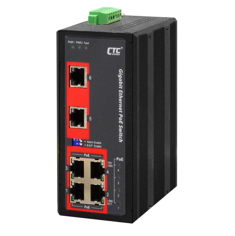 CTC UNION 6 Port Gigabit Unmanaged PoE Switch.  -40C~+75C. 6x 10/100/1000Base-T (X). 4x PoE+ ports. Power budget 120W. Power consumption V DC/W: 24/142.9, 48/139.6. Dinmount kit included.