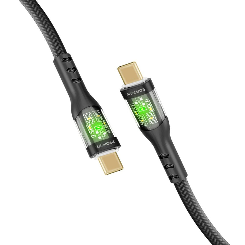 PROMATE 1.2m USB-C to USB-C Cable with Transparent Connectors & LED''s Supports 60W PD. 25000+ Bend Lifespan. Supports Data & Charge. Gold Plated Connectors. Durable Nylon Braided Cable. Black Colour.