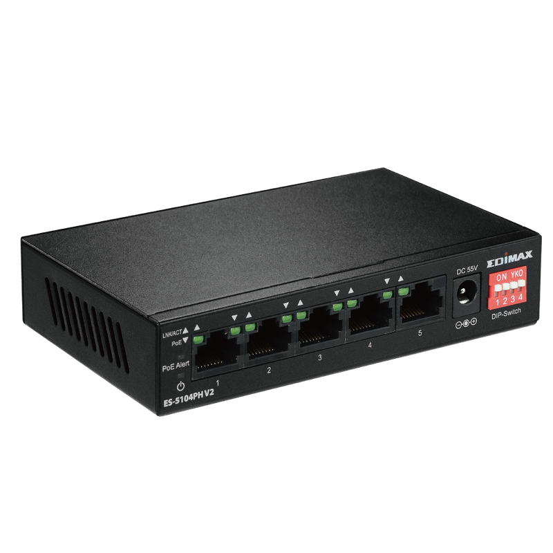 EDIMAX 5 Port 10/100 Fast Ethernet with 4x PoE+ ports and DIP Switch. PoE delivery up to 200m. Power Budget: 71.5W. Auto Energy Saving Functions. Plug and Play.  VLAN and Loop Protection.