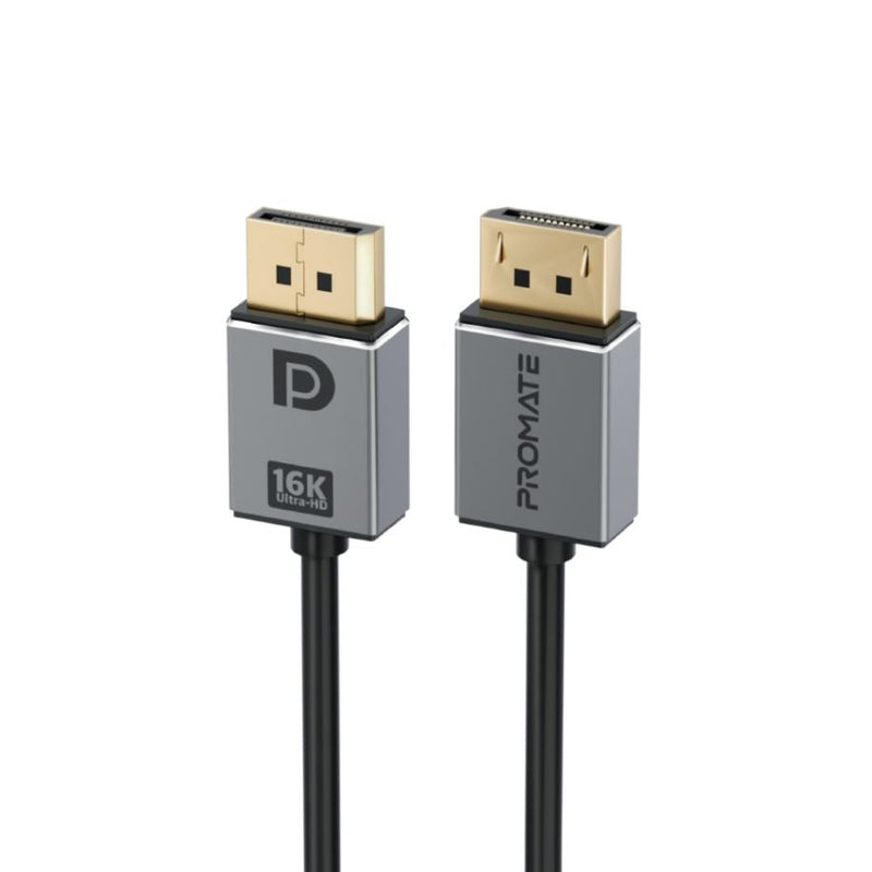 PROMATE 2m 2.0 DisplayPort Cable. Supports HD up to 16K@60Hz. Supports 80Gbps Data Transfer Speeds. Built-in Secure Clip Lock. Supports Dynamic HDR & 3D Video. Black Cable with Grey Connectors. - Office Connect 2018