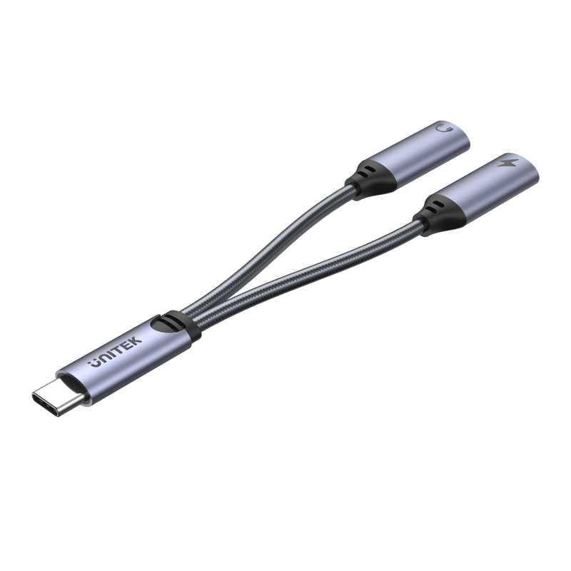 UNITEK 2-in-1 USB-C to USB-C Headset Jack & Charging Connector. Supports up to 18W PD Charging. Supports High-res Audio: DAC: 48KHz /16bit. Spilt your USB-C Port into USB-C Headset Jack & USB-C Charger.