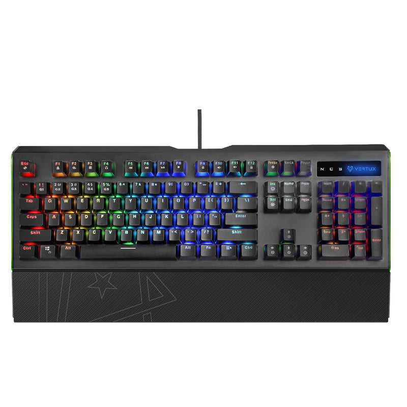 VERTUX Pro Gamer Mechanical Gaming Keyboard with RGB LED Backlight. 100% Anti-Ghosting, Blue Mechanical Keys, Detachable Wrist Rest.