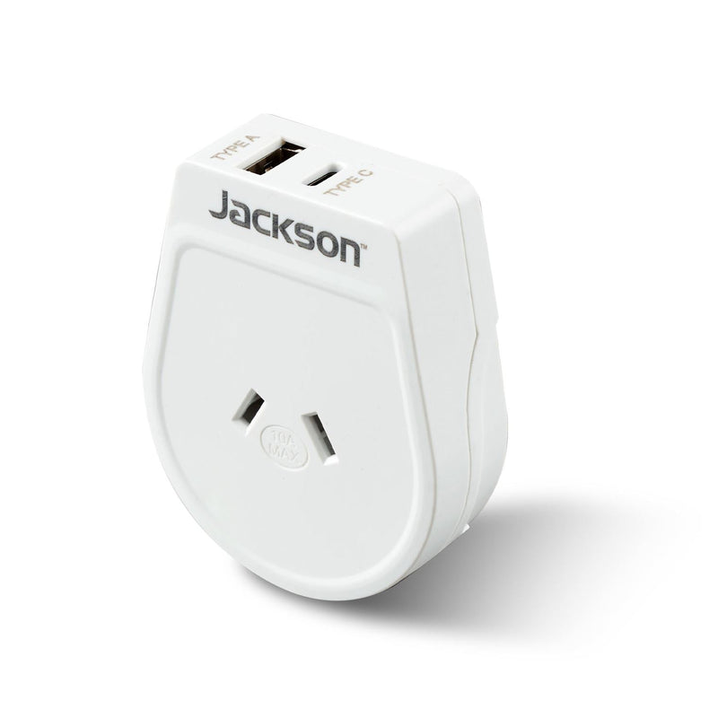 JACKSON Slim Outbound Travel Adaptor 1x USB-A and 1x USB-C (2.1A) Charging Ports. Converts NZ/AUS Plugs for use in USA, Japan & South America. - Office Connect 2018