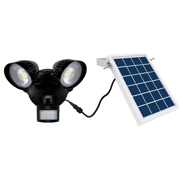 HOUSEWATCH 8W Twin 2x Spotlights with Motion Sensor & Solar Panel. IP54. Passive IR. 6000mAh Battery. 12m Detection Range & 140 Degree Angle. 2000 Lumens.  Timing & Lux Adjustments. Black Colour. - Office Connect 2018