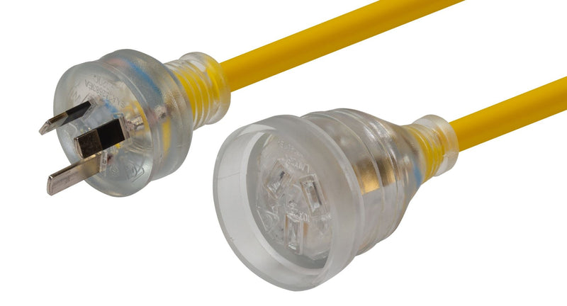 DYNAMIX 25M 240v Heavy Duty Power Extension Lead (3 Core 1.0mm) Power-On LED in Clear Moulded Plastic 10A Plug. Yellow Colour - Office Connect 2018