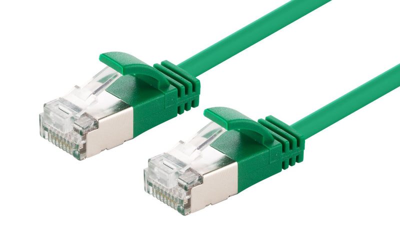 DYNAMIX 1m Cat6A S/FTP Green Ultra-Slim Shielded 10G Patch Lead (34AWG) with RJ45 Gold Plated Connectors. Supports PoE IEEE 802.3af (15.4W).