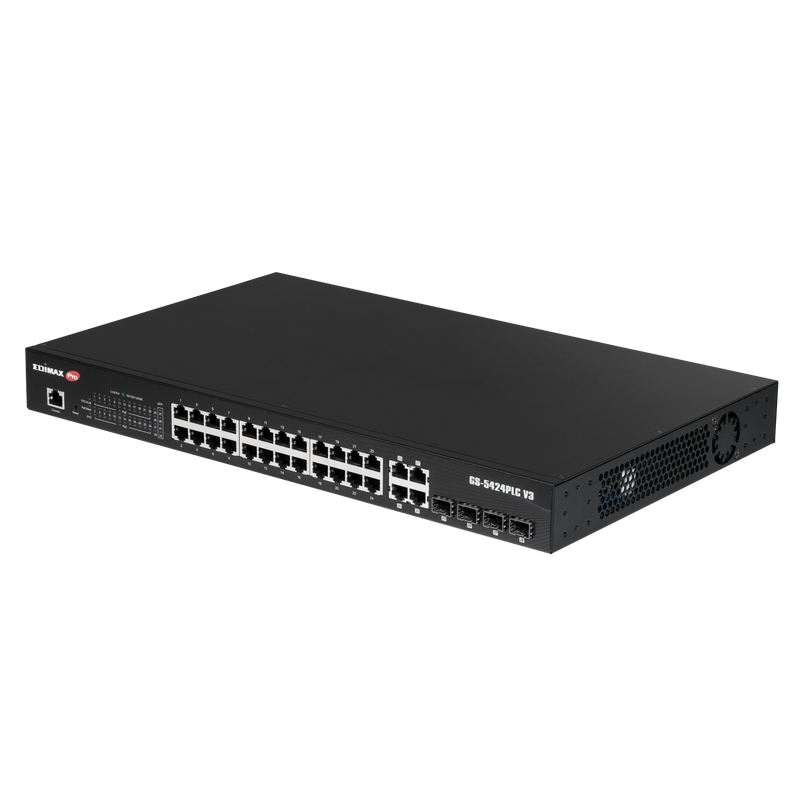 EDIMAX 28-Port Surveillance Long Range Gigabit PoE+ Web Smart Switch with 2 Gigabit RJ45 & 2 SFP Ports. Max Power Budget 400W. Supports PoE up to 200m. IEEE 802.3af/at PoE Compliant. IP Surveillance VLAN - Office Connect 2018