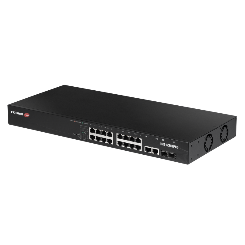 EDIMAX Industrial Surveillance VLAN 18-Port Gigabit PoE+ Web Smart Switch. 16 Gigabit Ethernet Ports, 2 Gigabit RJ45 and 2 SFP Combo Ports. PoE up to 200m at 10Mps. Supports up to 30W per Port.