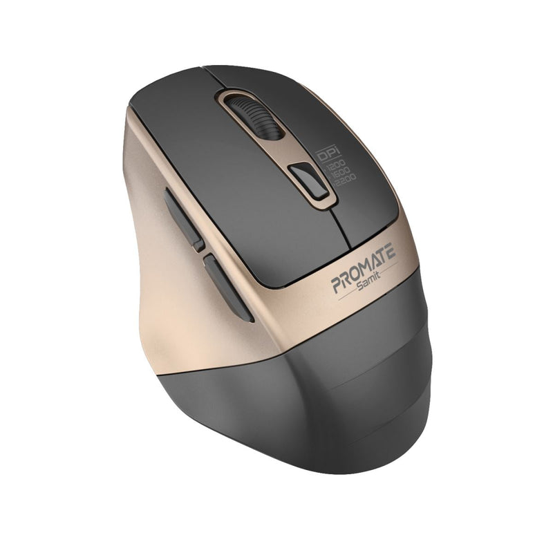 PROMATE Ergonomic Silent Click Wireless Mouse with up to 2200 DPI. 10m Working Range. Plug & Play. Supports 1200/1600/2200 DPI High Precision. Amidextrous Design. Gold Colour. - Office Connect 2018