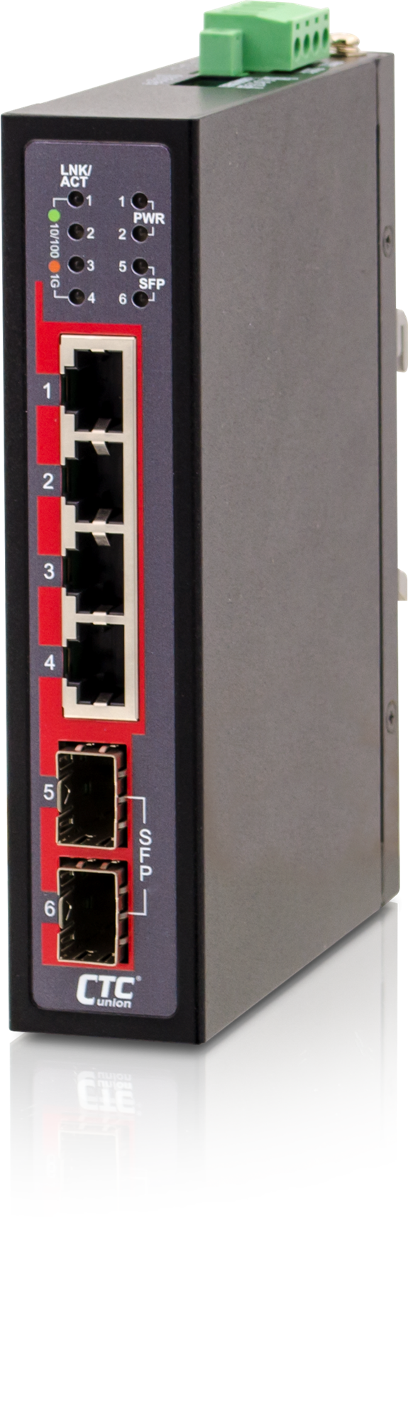 CTC UNION 4 Port Gigabit + 2x SFP Unmanaged Switch. -40C~+75C. 4x 10/100/1000Base-T, plus 2x 100/1000Base-X SFP (Total 6 ports). 4KV Surge Protection. Din Rail with Screws Included.