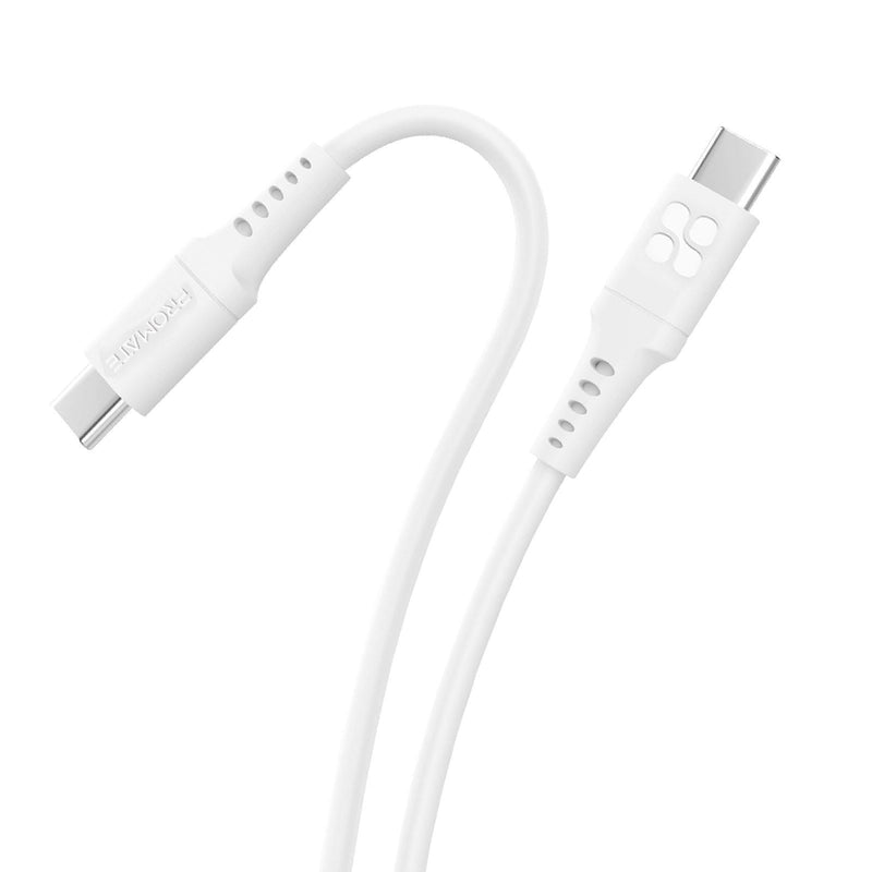 PROMATE 2m USB-C Data and Charging Cable. Data Transfer Rate 480Mbps. 60W Power Delivery. Durable Soft Silicon Cable. Tangle Resistant. 25000+ Bend Tested. White