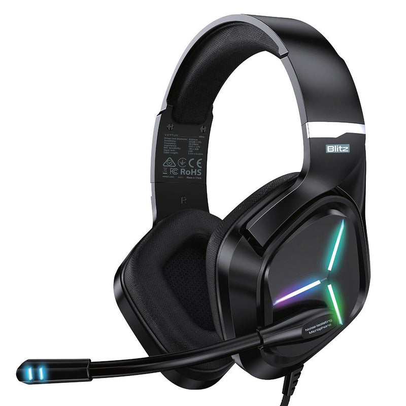 VERTUX 7.1 Surround Sound Gaming Headphone with Noise Isolating Microphone. Inline Controller, USB Connection, Adjustable Headband, 360 Degree Audio, Multi-Platform Compatibility. Black Colour