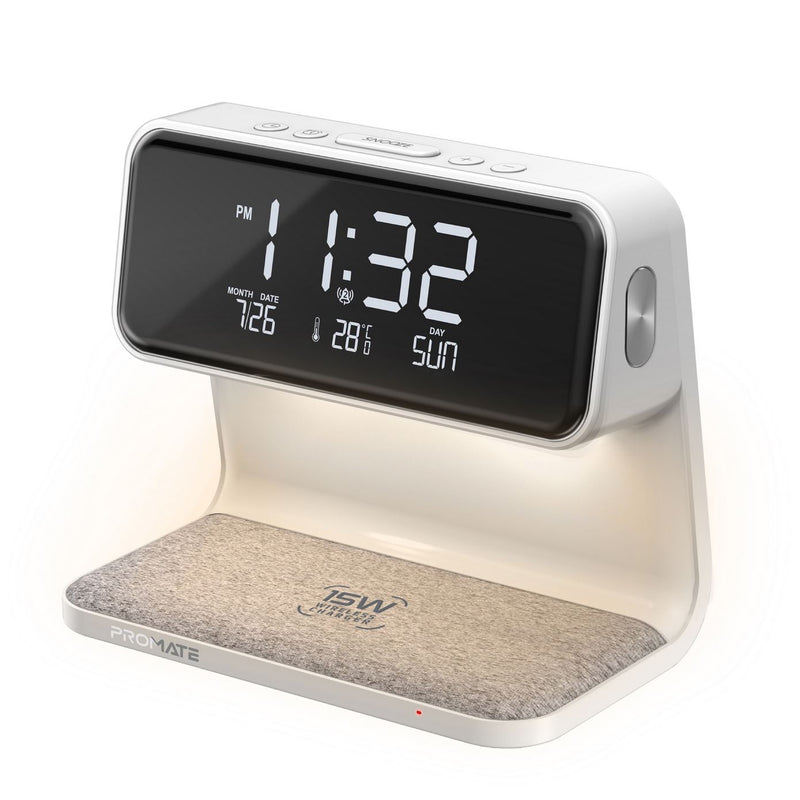 PROMATE 3-in-1 Multi-Function LED Alarm CLock with 15W Wireless Charger. 10.7lm Night Light with 3 Brightness Modes. Dual Alarm with Snooze Function. 12Hr/24Hr Time. Requires Wall Charger - SPAUSB-5V2A