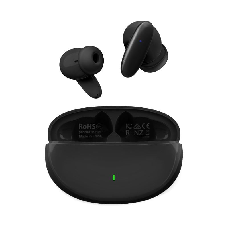 PROMATE In-Ear HD Bluetooth Earbuds with Intellitouch & 230mAh Charging Case. Ergonomic Fit, up to 5-Hour Playback, 2x 40mAh Earphone Battery, Water Resistant, Auto Pairing. Black Colour.