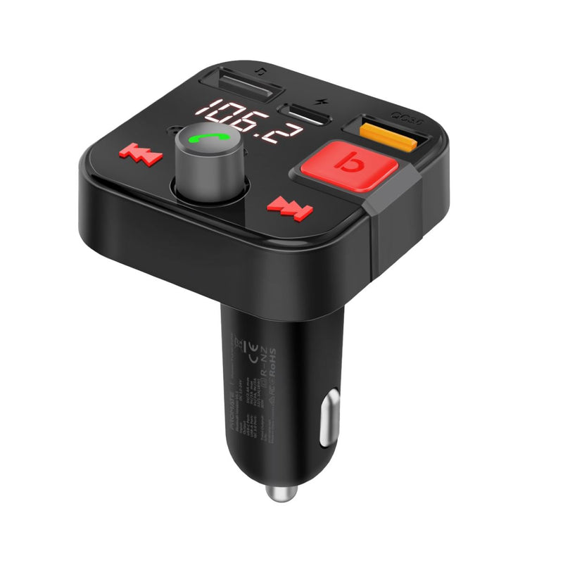 PROMATE Wireless In-Car FM Transmitter with USB-C & USB-A Ports. Hands-Free with Built in MicroPhone. Steam via Bluetooth or USB Flash Drive. Smart LCD Screen & up to 5M Operating Distance