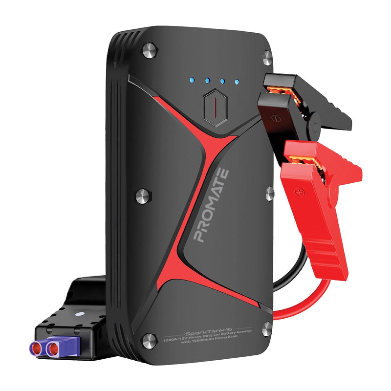 PROMATE 12V IP67 Car Jump Starter with Built-in 16000mAh Powerbank. 80lm LED Flashlight, Damage-free Smart Clamps to Protect against Short Circuits, Micro-USB & USB-C Inputs. 2x USB-A Outputs