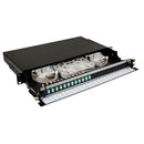 DYNAMIX 19'' 1U Fibre Tray 24C LC MM FULLY LOADED w 24x LC Elite OM4 Pigtails 12x LC Duplex Aqua Coupler Splice Cassette, Cable management Sliding Tray with front face Protection labelling Kit - Office Connect 2018