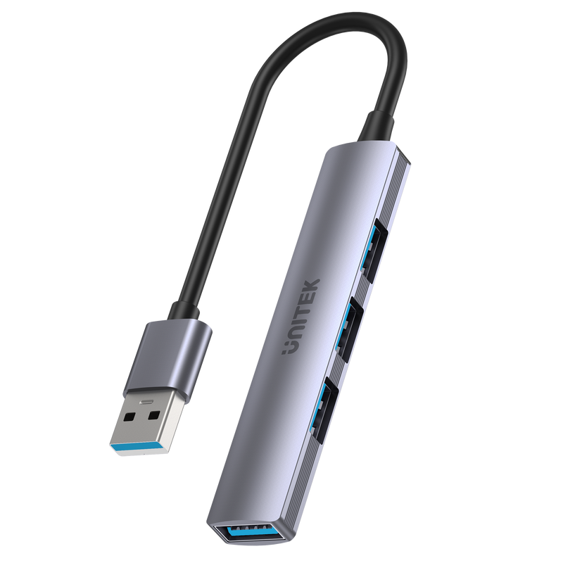 UNITEK 4-in-1 USB Multi-port Ultra Slim Hub with USB-A Connector. Includes 1x USB3.0 Port & 3x USB2.0 Ports. 30cm Cable. Space Grey - Office Connect 2018