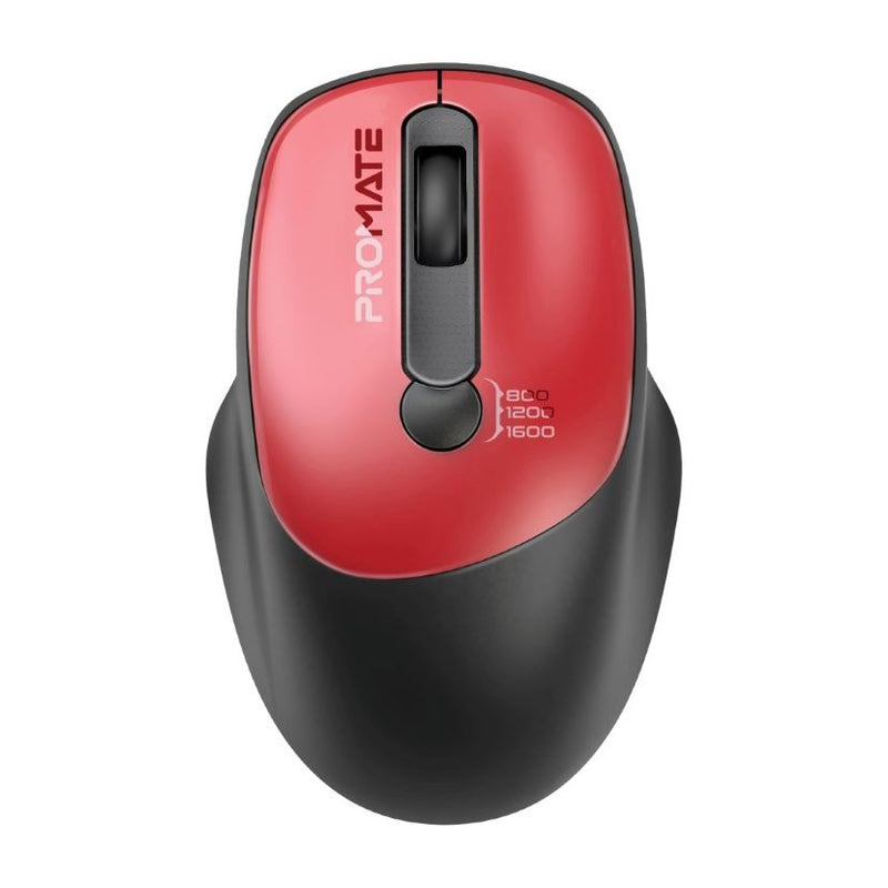 PROMATE EZGrip Ambidextrous Ergonomic Wireless Mouse. 800/1200/1600Dpi, Easy Plug & Play, Up to 6 Millon Keystrokes, Lag-free, Long Life Battery with Low Power Consumption. Red Colour