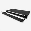 DYNAMIX 19'' 1U Fibre Patch Panel Unloaded 24 Port LC Duplex . Metal Ball Bearing Sliding Drawer. Black. Supplied with 2x 24 Port Splice Cassette, Cable Management Accessories & Cable Gland - Office Connect 2018