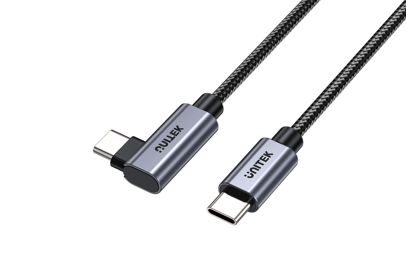 UNITEK 1m USB-C to Right Angled 90 Degree USB-C Connector. Supports 100W PD Fast Charging & USB PD3.0/ QC3.0. Supports 20/5A. Data Transfer Speed up to 480Mbps. Aluminium Alloy/Space Grey.