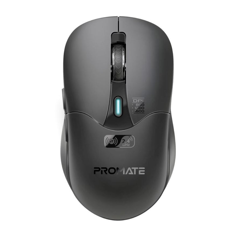 PROMATE Rechargeable Wireless Mouse with BT & RF Connectivity. 800/1200/1600Dpi. Built-in 500mAh Battery. Range Up to 10m. 50cm Charging Cable. USB-C Port. 6x Fully Fuctional Buttons. Black