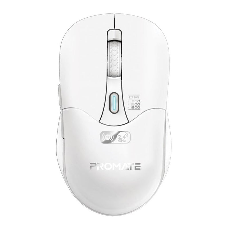 PROMATE Rechargeable Wireless Mouse with BT & RF Connectivity. 800/1200/1600Dpi. Built-in 500mAh Battery. Range Up to 10m. 50cm Charging Cable. USB-C Port. 6x Fully Fuctional Buttons. White