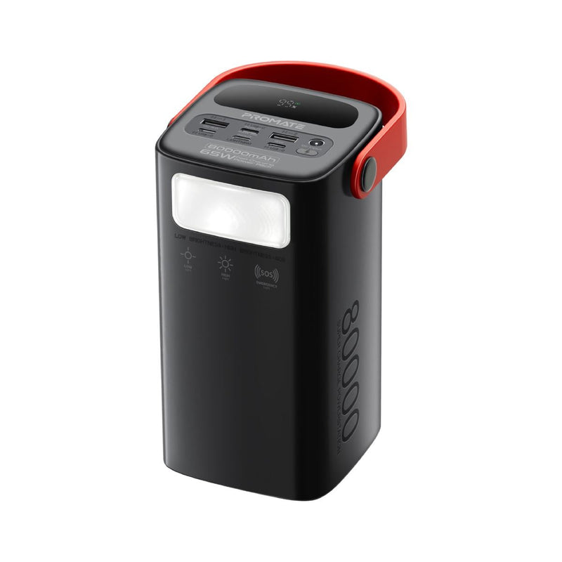 PROMATE 80000mAh High Capacity Power Bank with 65W Power Delivery. Multiple Input/Output Ports, 3 Mode LED Torch Light, SOS Signal Function, Silicone Carry Handle, Charging Time 5.5hrs.