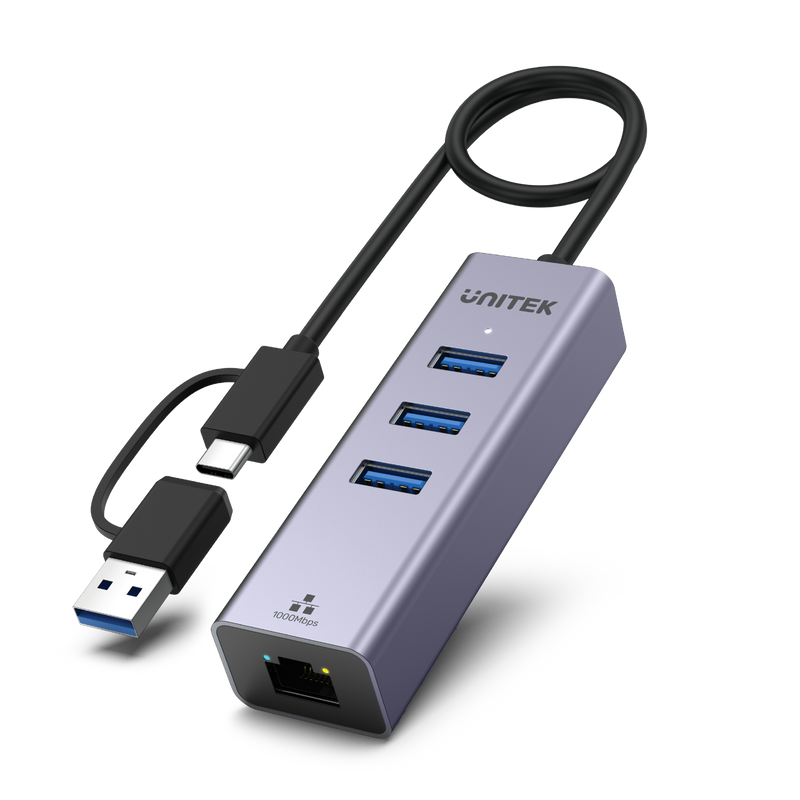 UNITEK 4-in-1 USB Multi-port Hub with 2-in-1 Connectors (USB-C & USB-A). Includes 3x USB-A 3.0 Ports, 1x Gigabit Ethernet RJ45 Port, Plug & Play. AluminiumIn Alloy Housing. Space Grey Colour. - Office Connect 2018
