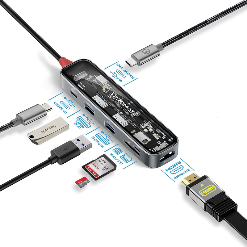 PROMATE 7-in-1 USB Multi-Port Hub with USB-C Connector with 4K HDMI Port, Dual USB-A 2.0 Ports, 1x USB-A 3.0 5Gbps Port, SD/TF Card Slots. Transparent