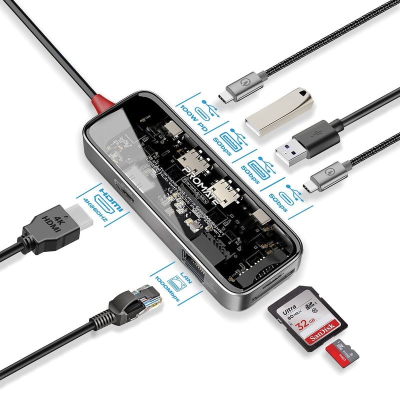 PROMATE 8-in-1 USB Multi-Port Hub with USB-C Connector. Includes 100W PD, 4K HDMI Port, RJ45 Port, USB-A 3.0 Ports. Transparent