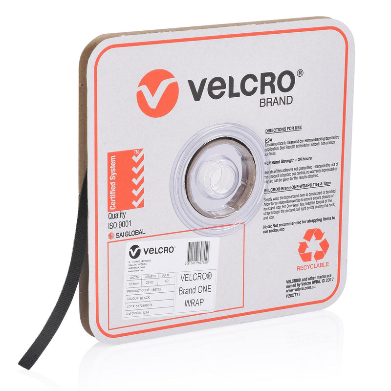 VELCRO One-Wrap 12.5mm Continuous 22.8m Roll. Custom Cut to Length. Self-engaging reusable & infinitely adjustable. Easy cable management Black colour