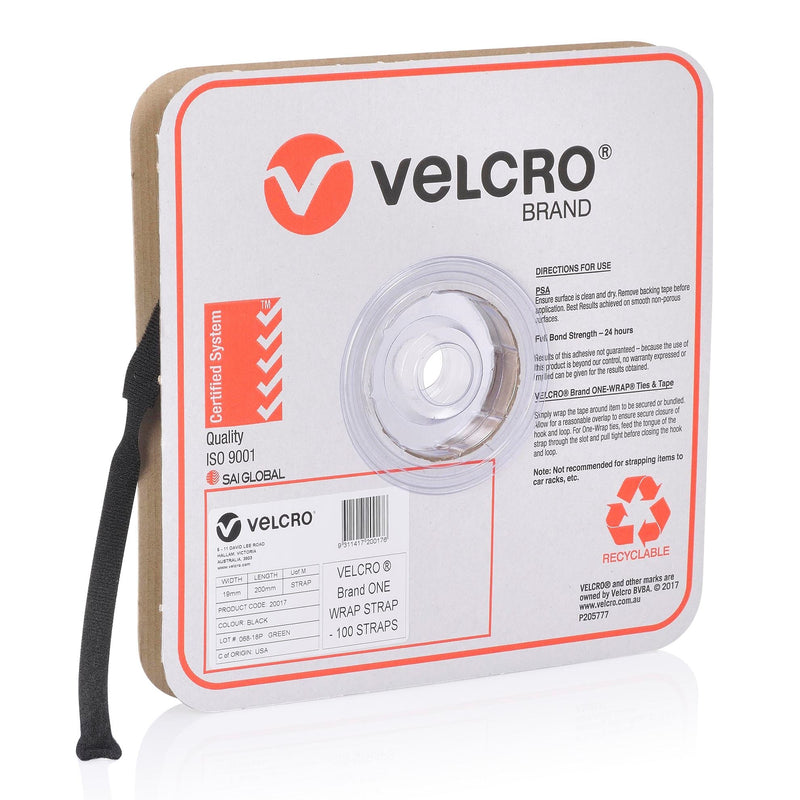 VELCRO One-Wrap 19mm x 200mm Pre-sized Ties. 100 Ties per Roll. Integrated Hook & Loop. Easy Adjustable & Strong. Re-usable. Easy Cable Management. Black Colour