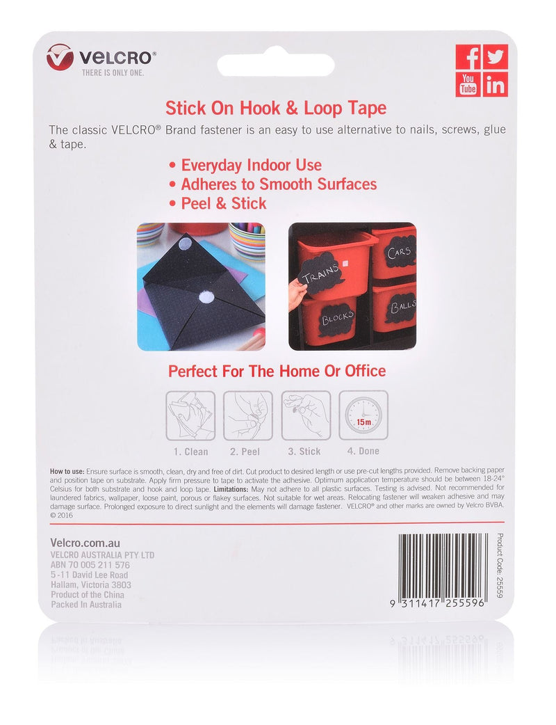 VELCRO Brand 25mm x 50mm Hook & Loop Pre-Cut Stick On 6 Pack Surface Tape. Designed for General Purpose Simple and Mess-Free. Attach Light Weight Items up To