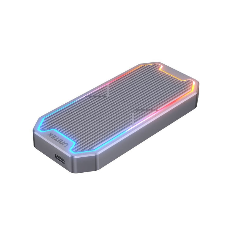 UNITEK USB-C to M.2 SSD Enclosure with RGB Lights in Alloy Housing. Supports USB3.2 Gen2 10Gbps SuperSpeed. Auto Sleep Mode. Built in Heat Exchange. Space Grey Colour - Office Connect 2018