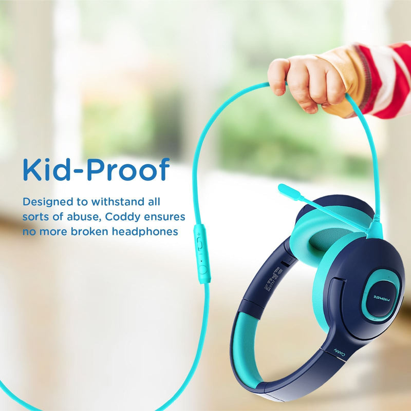 PROMATE Child-Safe Wireless Bluetooth Over-Ear Headphones. Up to 5 Hours Playback Time, Range 85-93dB. Built-in 300mAh Battery, 10m Operating Distance, Built-in Mic, Padded Ear Pads. Aqua Colour