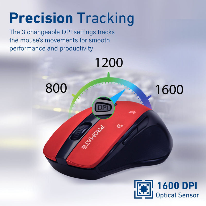 PROMATE EZGrip Ergonomic Wireless Mouse with Quick Forward/Back Buttons. 800/1200/1600Dpi, 10m Working Range, Easy Plug & Play, 1x AA Battery, Nano Reciever, Compatible with Mac & PC. Red