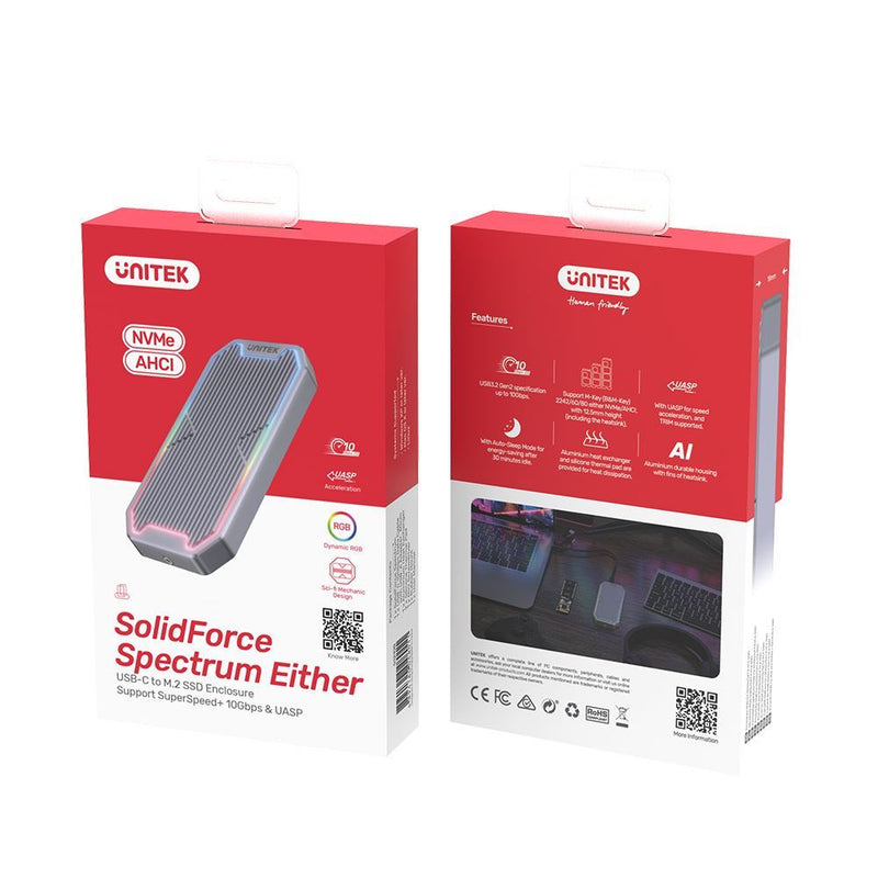 UNITEK USB-C to M.2 SSD Enclosure with RGB Lights in Alloy Housing. Supports USB3.2 Gen2 10Gbps SuperSpeed. Auto Sleep Mode. Built in Heat Exchange. Space Grey Colour - Office Connect 2018