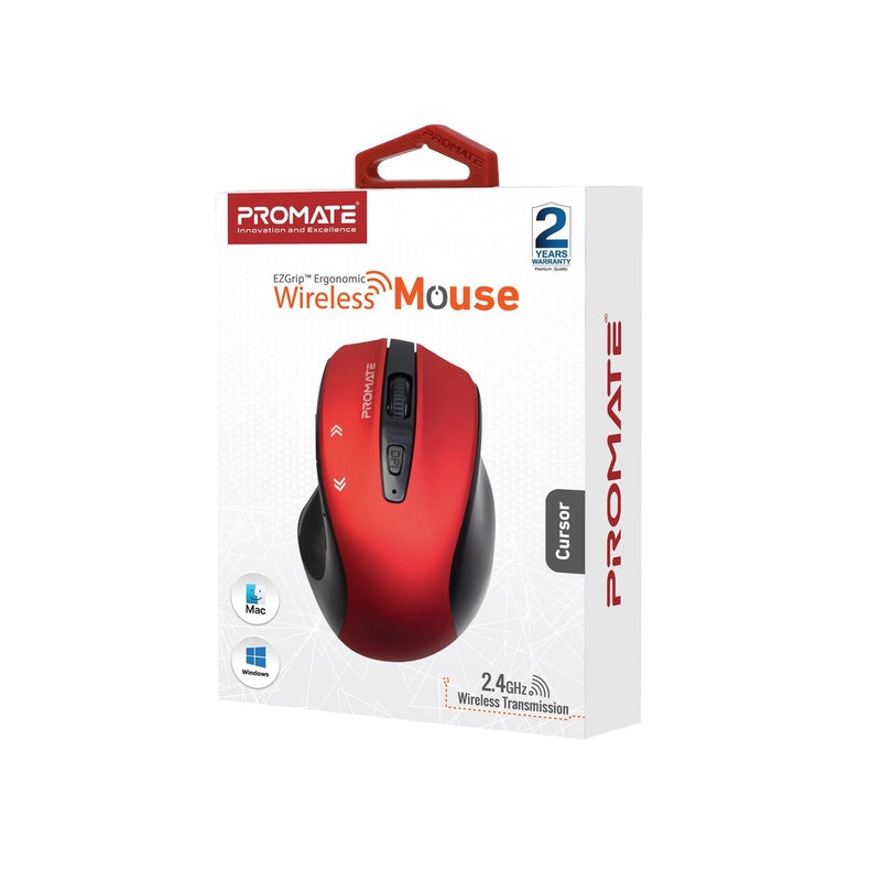 PROMATE EZGrip Ergonomic Wireless Mouse with Quick Forward/Back Buttons. 800/1200/1600Dpi, 10m Working Range, Easy Plug & Play, 1x AA Battery, Nano Reciever, Compatible with Mac & PC. Red