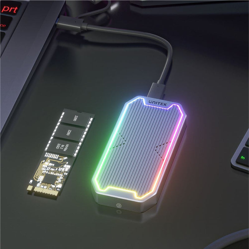 UNITEK USB-C to M.2 SSD Enclosure with RGB Lights in Alloy Housing. Supports USB3.2 Gen2 10Gbps SuperSpeed. Auto Sleep Mode. Built in Heat Exchange. Space Grey Colour - Office Connect 2018