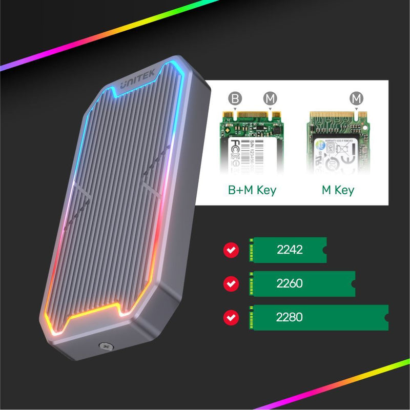 UNITEK USB-C to M.2 SSD Enclosure with RGB Lights in Alloy Housing. Supports USB3.2 Gen2 10Gbps SuperSpeed. Auto Sleep Mode. Built in Heat Exchange. Space Grey Colour - Office Connect 2018