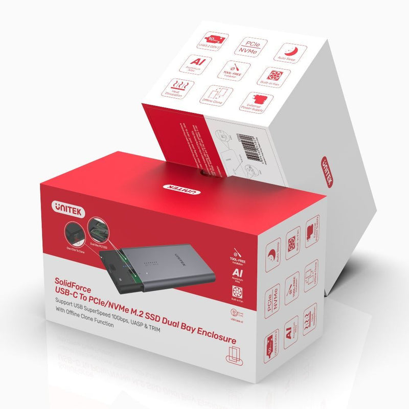 UNITEK USB-C to PCIe/NVMe M.2 SSD 10Gbps Dual Bay Enclosure. USB3.2 Gen2 10Gbps SuperSpeed. Aluminium Housing with Compact Design & Tool-free Installation. Supports UASP & TRIM. - Office Connect 2018